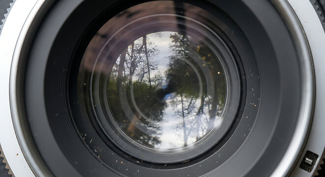 Camera lens reflecting trees and sky in a nature photography shot