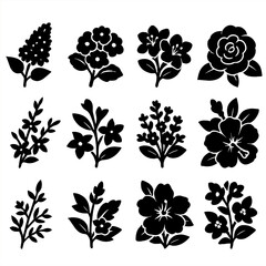 Floral silhouette icon set. featuring lilac, peony, cherry blossom, rose, and hibiscus flowers