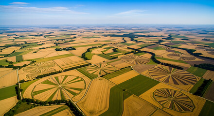 Aerial view of farmland with circular irrigation patterns in summer