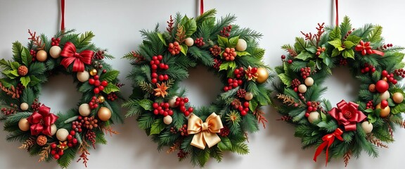 Elegant Christmas wreaths in various sizes and styles, adorned with natural elements and festive decorations, gold wreaths, conifer wreaths