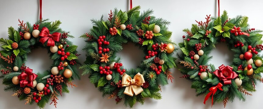 Elegant Christmas wreaths in various sizes and styles, adorned with natural elements and festive decorations, gold wreaths, conifer wreaths