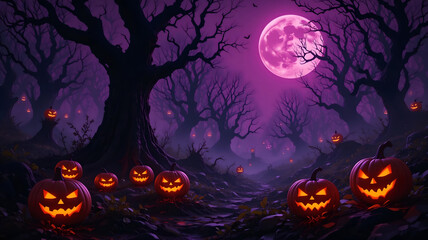 Fototapeta premium Dark Purple Spooky Forest Night with Glowing Jack O'Lanterns, Twisted Bare Trees, and Huge Pink Full Moon for Mysterious Halloween Background, Scary Fantasy Backdrop, or October Event Poster