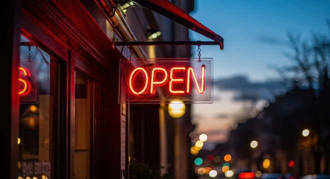 Illuminated neon sign displays the word open outside a storefront during twilight hours