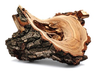 Cross-section of a roughly cut piece of wood showcasing bark texture, knot details, and exposed tree rings against a white background