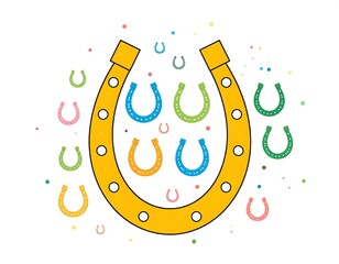 Colorful illustration of a large yellow horseshoe with smaller horseshoes scattered around it against a white backdrop