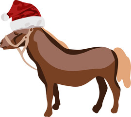 Vector isolated illustration of a horse in a Christmas hat. Year of the Horse.