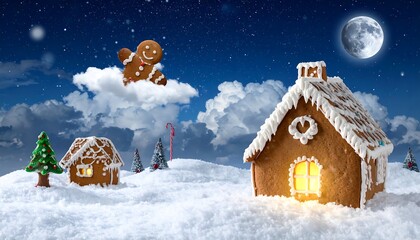 Festive gingerbread houses in a snowy landscape under a starry night sky with a gingerbread man on a cloud