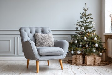 Cozy armchair and decorated tree create a festive holiday atmosphere.