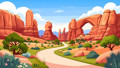 Colorful illustration of a desert landscape featuring dramatic rock formations, winding road, vegetation, and blue skies