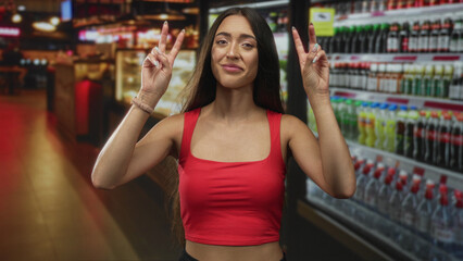 Woman holding up peace sign with both hands and slight grin in building restaurant aisle by drink...
