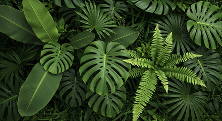 Lush tropical foliage featuring monstera and fern leaves overhead