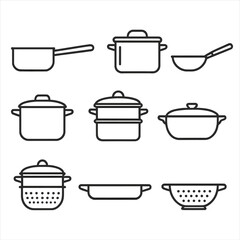 Cooking utensils linear icon set. featuring saucepan, stockpot, ladle, steamer, casserole, colander, dish
