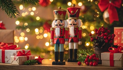 Festive holiday display with two nutcrackers, gifts, and sparkling lights against a decorated Christmas tree backdrop