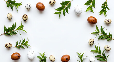 Easter eggs and green leaves arranged on a white background flat lay