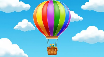 Fototapeta premium Colorful hot air balloon ascends through bright blue sky surrounded by fluffy white clouds
