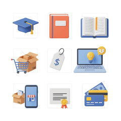Flat lay of various e-commerce and education icons on a clean white background with a mix of colorful graphics.
