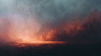 Obraz premium Fiery glow illuminates misty landscape with textured sky.