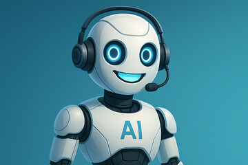Friendly AI robot assistant with headset smiling and ready to help for artificial intelligence customer support concept