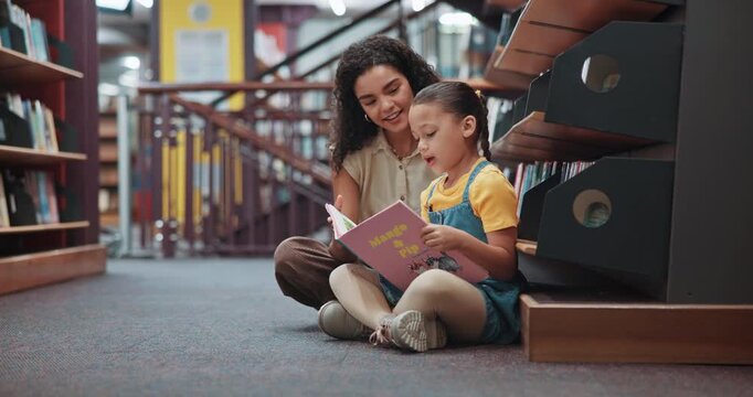Reading, books and woman with child in library for learning, education and language development. Happy, tutor and girl with literature, storybook and literacy for knowledge, research and information - Powered by Adobe
