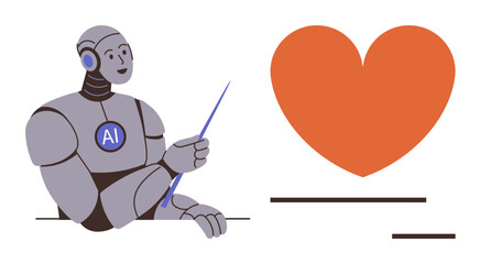 AI robot holding a pointer, teaching about love represented by a red heart. Ideal for education, AI-human connection, emotion, learning, technology, relationships and positivity. A simple flat