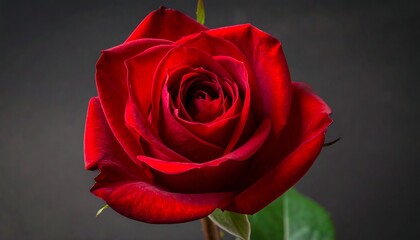 Fototapeta premium Close-up of a red rose in full bloom against a blurred, dark background. Focused petals show soft textures
