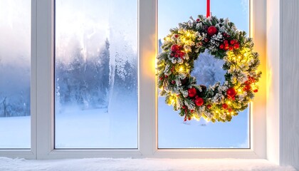 Festive holiday wreath hangs on a bright window, frosted with winter scene. Snow sits on the windowsill