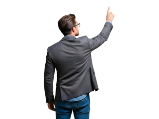 Man in suit pointing up isolated on transparent background