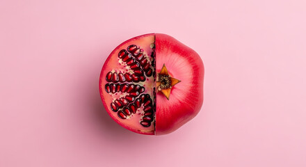 Sliced pomegranate fruit showing seeds on a pink background studio