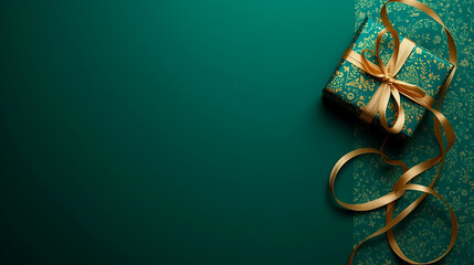 Dark green emerald background with gift box and golden ribbon, horizontal banner, free space for text, copy space