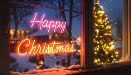 Festive neon "Happy Christmas" sign hangs in window, snowy winter scene and glowing tree outside. Bokeh lights