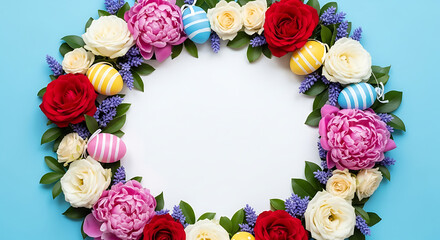 Colorful easter egg and flower wreath on a light blue background