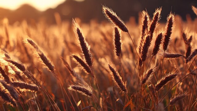 Golden sunset light illuminates a field of tall grass and wheat, creating a warm, serene, and natural landscape - Powered by Adobe