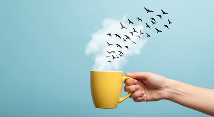 Hand holding a yellow mug with birds flying out on a blue background