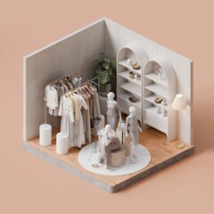 Isometric Modern Minimalist Fashion Clothing Store Interior - 3d Render

