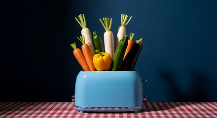 Fresh vegetables in a blue toaster on a red and white checkered table