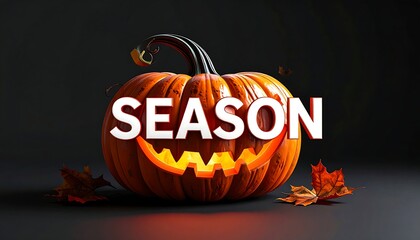 Festive pumpkin carving with glowing face and falling leaves against a dark backdrop, celebrating a seasonal occasion