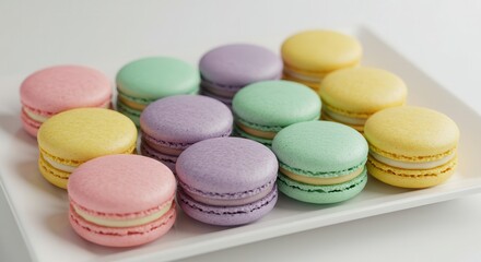 Obraz premium Assortment of colorful meringue cookies displayed neatly on a white serving platter