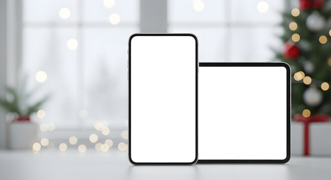 Mockup of smartphone and tablet with blank screen on a table with christmas tree in background - Powered by Adobe