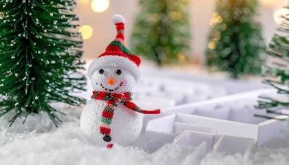 Festive snowman decoration amidst miniature evergreen trees and artificial snow, with bokeh lights in the background