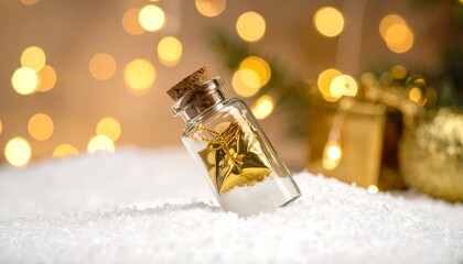 Festive still life bottle filled with gold gift in fake snow, bokeh lights and Christmas decoration background