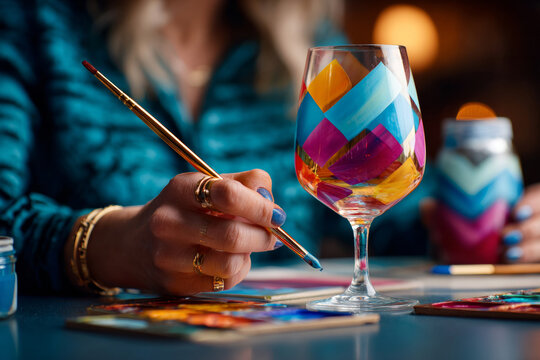 A woman painting a wine glass with bright colors and geometric shapes on it, using various paint brushes in her hand