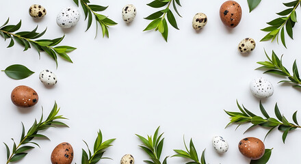 Easter eggs and green leaves arranged on a white surface overhead