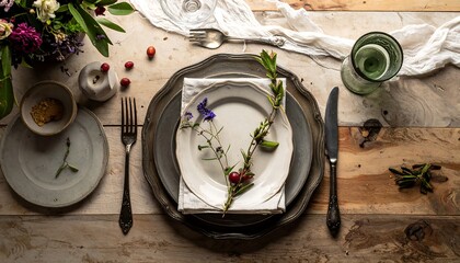 Festive table setting with antique cutlery, plates, flowers & linens on weathered wood