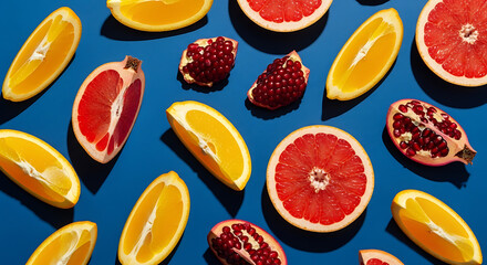 Sliced oranges grapefruits and pomegranates on a vibrant blue table