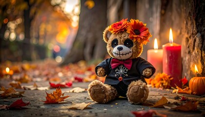 Festive teddy bear seated on autumn foliage path with candles, wearing a floral crown and a black tuxedo