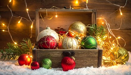 Festive wooden box overflowing with colorful Christmas baubles, evergreen sprigs, & string lights on a snowy surface