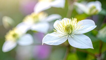 Delicate white clematis flowers bloom, with sunshine casting a gentle glow in a softly blurred, colorful garden background