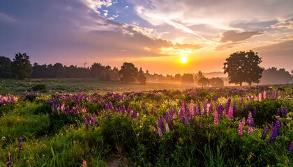 Field of purple flowers under sunrise, trees, and sky with scattered clouds, vibrant color, peaceful, natural setting