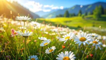 Field of daisies in bright sunlight, lush green meadow, distant mountains and blue sky with clouds