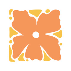 Abstract floral design with orange petals and yellow accents.
